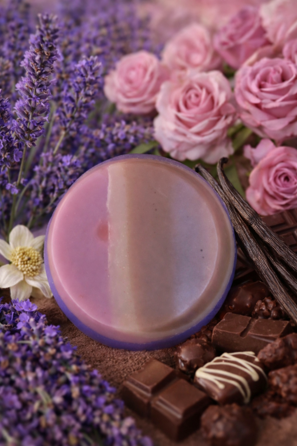 Jabón Artesanal de Lavanda, Rosa, Vainilla y Chocolate – Aroma Floral y Dulce