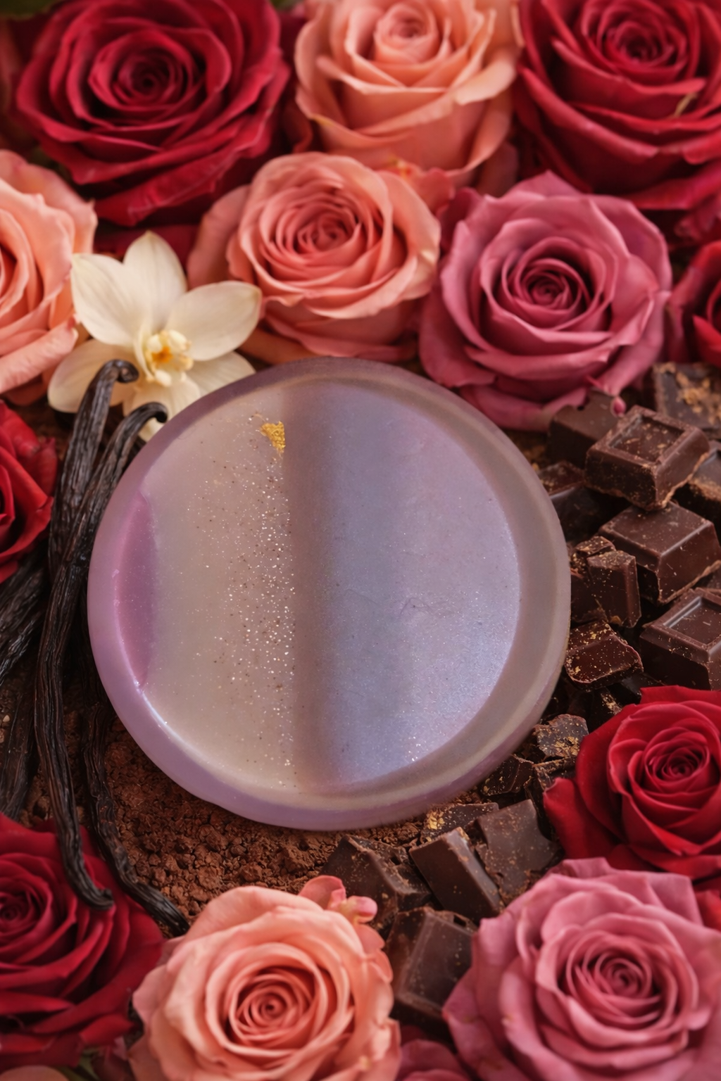 Jabón Artesanal de Rosas, Chocolate y Vainilla – Aroma Floral y Dulce
