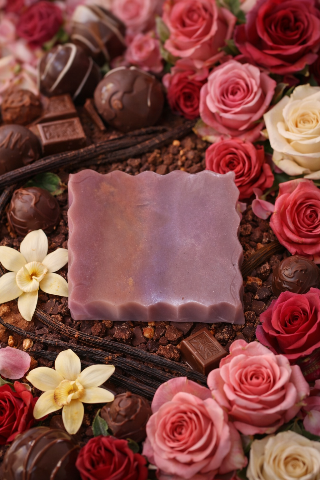 Jabón Artesanal de Rosas, Chocolate y Vainilla – Aroma Floral y Dulce